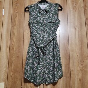 Jr's Green Purple Floral Button Up Sleeveless Dress Lg (11/13) Self Belt